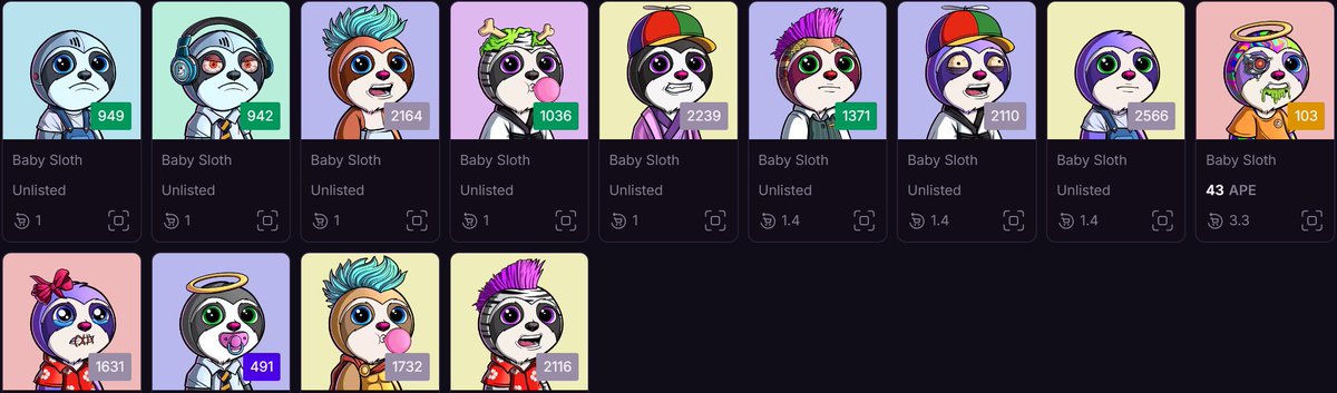 BaardOGame🦍 (@shroommanl) on Twitter photo Check out my BabySloths, one of the first #NFTs im holding on #ApeChain created by <a href="/zkSlothNFT/">zkSloth</a>.
Been following zkSloths for a long while now on <a href="/zksync/">ZKsync</a>, and i'm stoked they released their second collection on ApeChain.
Real builders since the start with unique artwork and Check out my BabySloths, one of the first #NFTs im holding on #ApeChain created by <a href="/zkSlothNFT/">zkSloth</a>.
Been following zkSloths for a long while now on <a href="/zksync/">ZKsync</a>, and i'm stoked they released their second collection on ApeChain.
Real builders since the start with unique artwork and
