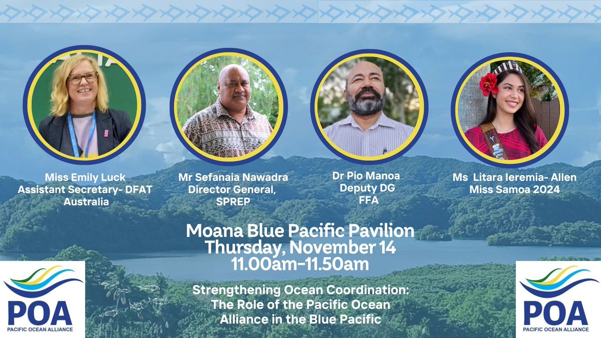 Day 4 of #UNFCCC #COP29. If you are in Baku, #Azerbaijan come and join us at the #MoanaBluePacific from 11am to 11.50am.
We will be discussing the role of the Pacific #ocean Alliance in the Blue Pacific. For #onePacificVoice #resilientPacific #1pointfivetostayalive