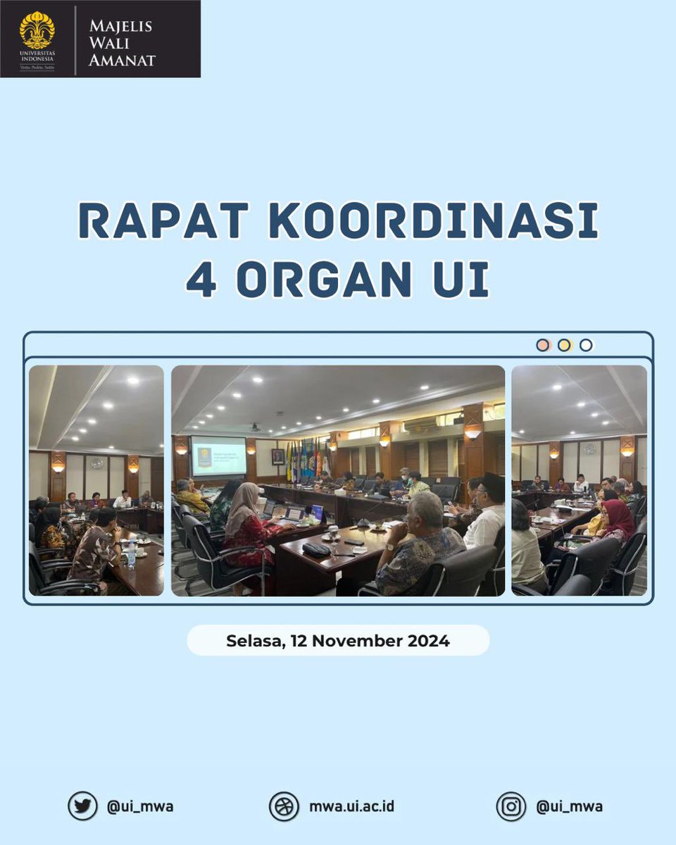 ui_mwa's tweet photo. Selasa, 12 November 2024 Rapat Koordinasi 4 Organ UI telah dilaksanakan dengan lancar, dihadiri oleh seluruh pimpinan organ serta perwakilan dari masing masing Organ UI. https://t.co/b2BYibUm7O