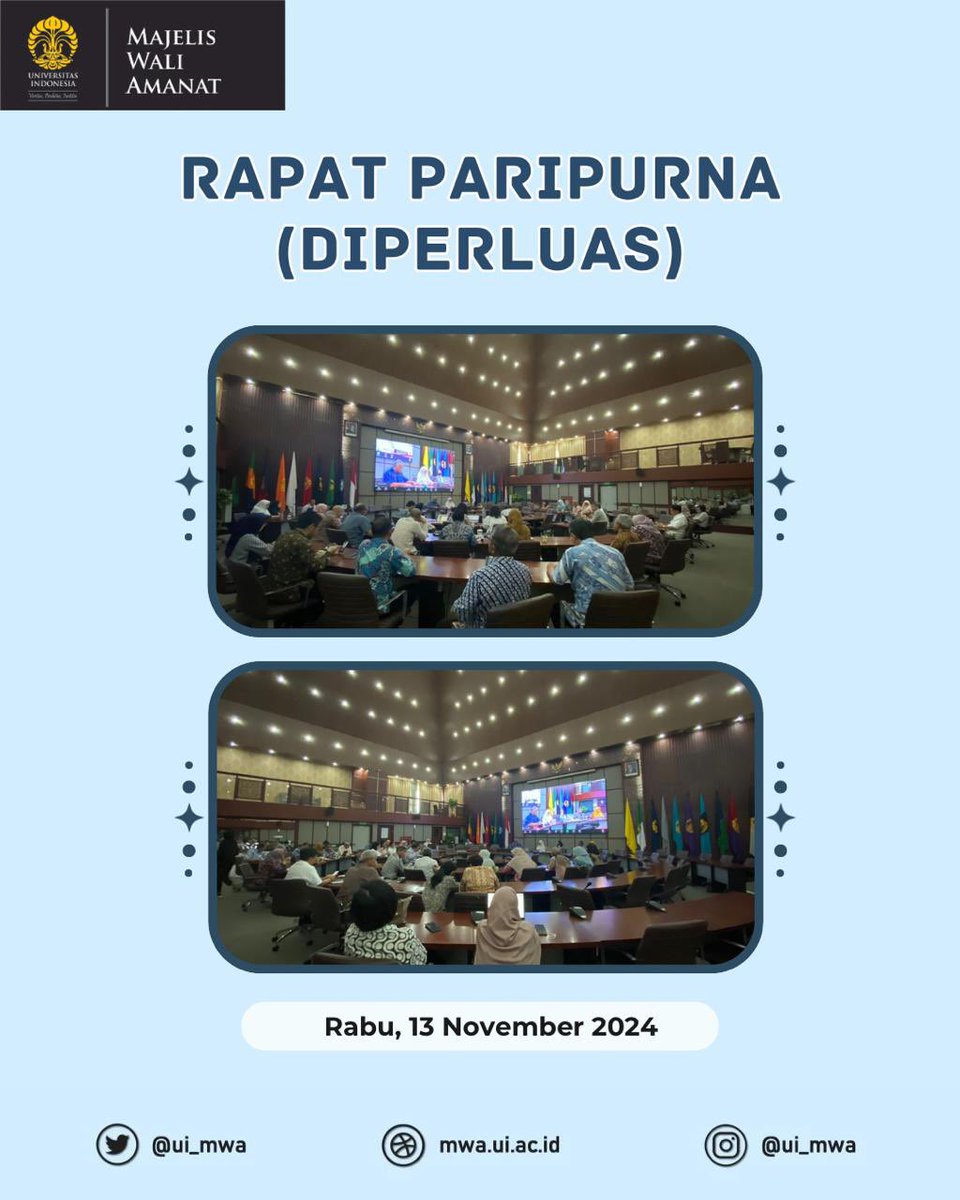 ui_mwa's tweet photo. Rapat Paripurna (Diperluas) MWA UI secara hybrid telah dilaksanakan pada hari Rabu, 13 November 2024 yang dihadiri oleh seluruh anggota MWA, Rektor, SU, Para Wakil Rektor, Para Dekan/Direktur dan Wakil Dekan/Direktur. https://t.co/oKAsRAjWx3