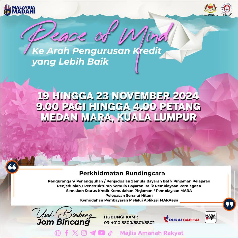 _BKK_Official's tweet photo. Jemput hadir ke Medan MARA, Kuala Lumpur dari 19 hingga 23 November 2024, jam 9.00 pagi hingga 4.00 petang untuk mendapatkan perkhidmatan rundingcara mengenai:

Usah bimbang, jom bincang!

Hubungi kami di 03-4010 8800/8801/8802 untuk maklumat lanjut.

Jumpa anda di sana! https://t.co/pPWHDfj4yK