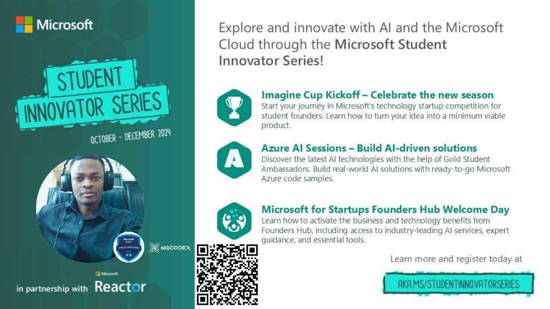 ngcodex's tweet image. Microsoft Student Ambassador
🌟 Rejoignez le Microsoft Student Innovator Series🌟

📅 Campagne en cours jusqu&apos;au 30 novembre. Ne manquez pas cette chance ! Enregistrez-vous ici ➡
shorturl.at/aJsog

Join NGcodeX community
ngcodex.com
#MicrosoftTeams #Ngcodex
