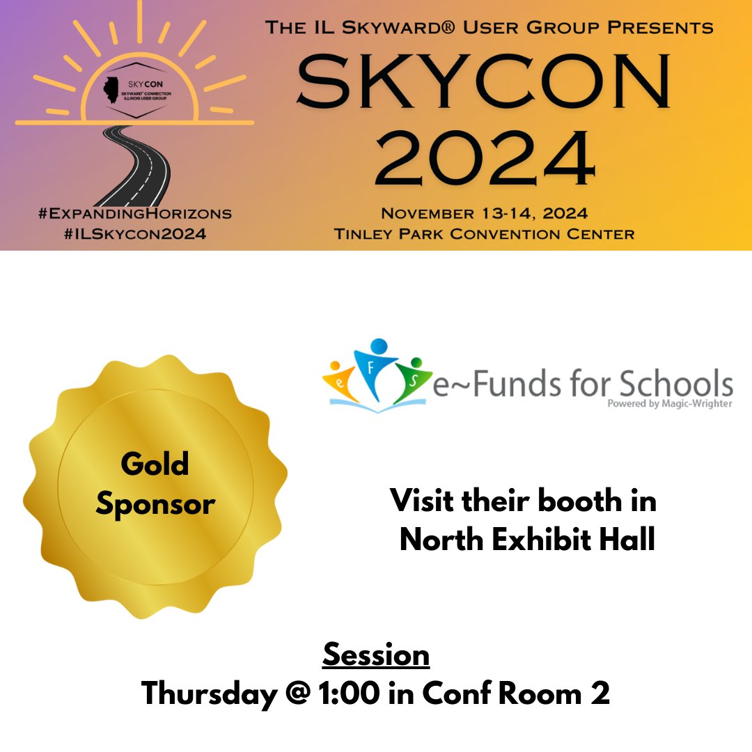 Check out #ILSkyCon2024 GOLD Sponsor e~Funds for Schools's session at 1:00 in Conference Room 2! #ExpandingHorizons