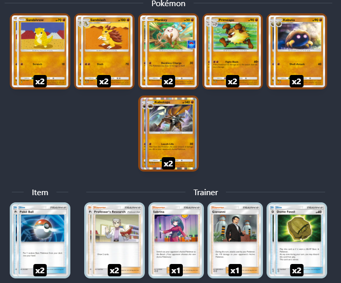 KMWorst's tweet photo. @TLSGSnap Having a ton of success with this deck. Great matchup vs Pika. Sandslash / Primeape lines are pretty reliant on going second, so the Kabutops line helps in games when going first. https://t.co/yULPYIABMC