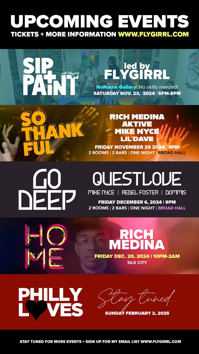 Upcoming events! Save the dates, grab some tickets and meet me somewhere! Visit flygirrl.com for info, tickets, newsletter sign up and more! #Philly