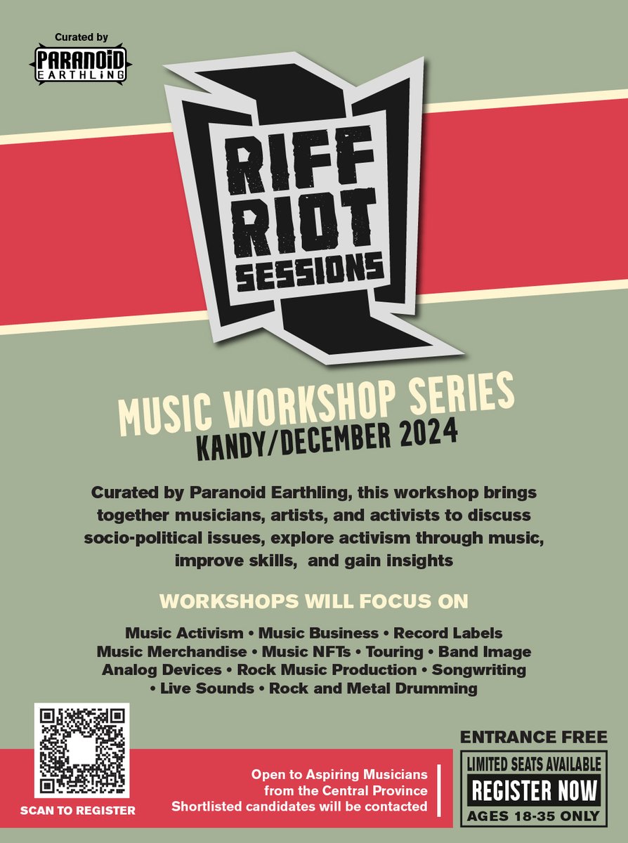 #OpenCall
For musicians, songwriters, and students from the #CentralProvince, here’s an opportunity to take part in a #MusicWorkshop.
Register today to reserve your spot.
Click on linktr.ee/paranoidearthl… to secure your space.
#ParanoidEarthling #RiffRiotSessions