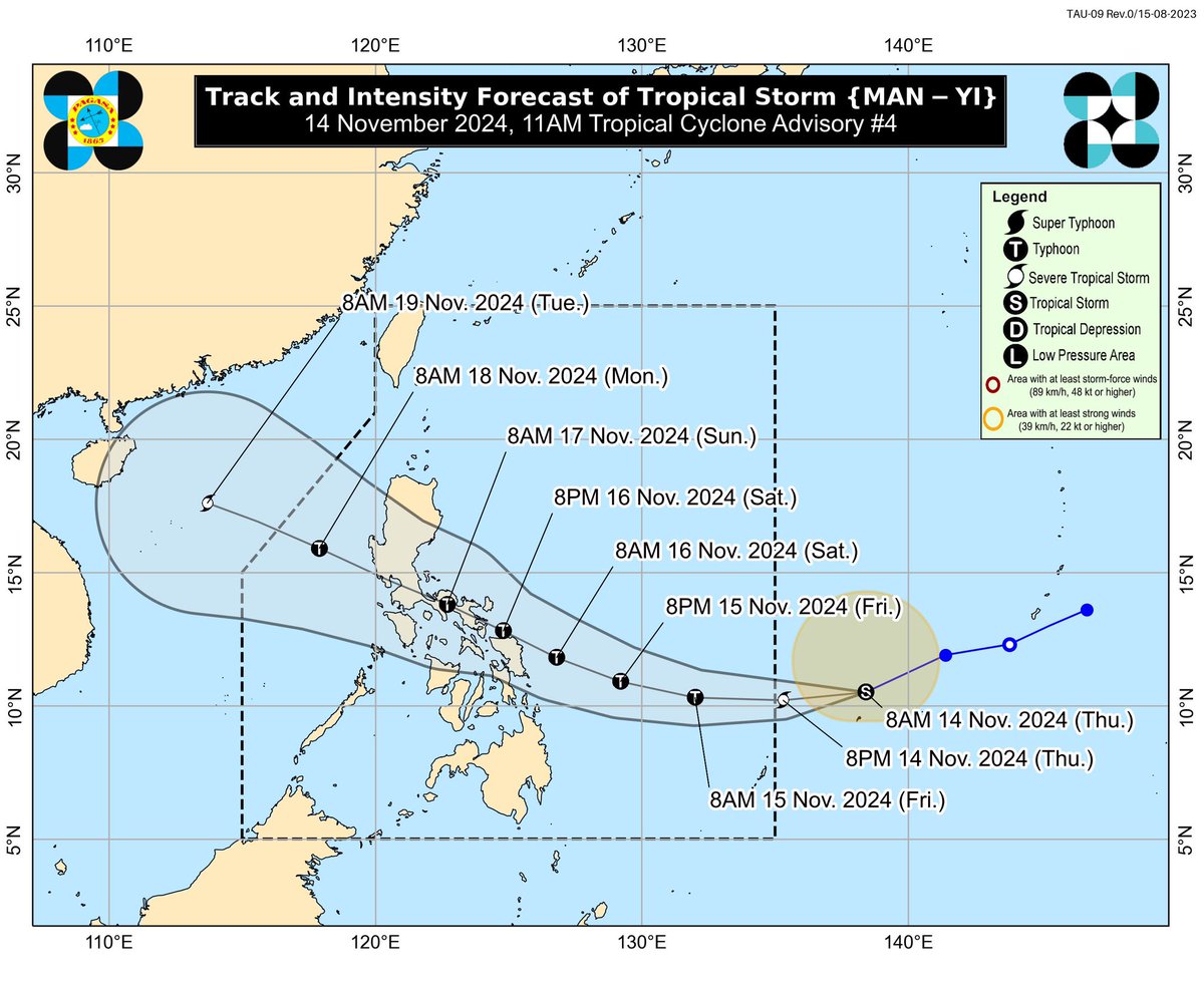matteyowwwwww's tweet photo. Tropical Storm #ManYi is expected to enter the Philippine Area of Responsibility (PAR) this evening as a SEVERE TROPICAL STORM, and be named #PepitoPH by PAGASA.

It may reach TYPHOON intensity within 24 hours. Reaching super typhoon category is not ruled out due to a very favorable environment in the Philippine Sea.

Based on the latest forecast track, Man-yi could make landfall in Eastern Visayas or Bicol Region on Saturday (November 16) afternoon or evening as a very intense typhoon.

Afterwards, it will then traverse the Southern Luzon, Metro Manila and parts of Central Luzon until Sunday (November 17). However, heavy rains may start to affect on Saturday. ⛈️

Regardless in the area of landfall,  EVERYONE is encouraged to prepare, be alert and continuous monitoring. ⚠️

To those who will be watching the concerts of @BINI_ph (#BINIverseAraneta) (#GrandBINIverse) and #2NE1 this weekend, please bring along your umbrellas or raincoat and be safe. ☔️ (Duty me kaya 'di makakanood 😭)

The forecast remains subject to change.

📷: DOST-PAGASA and CyclonicWX