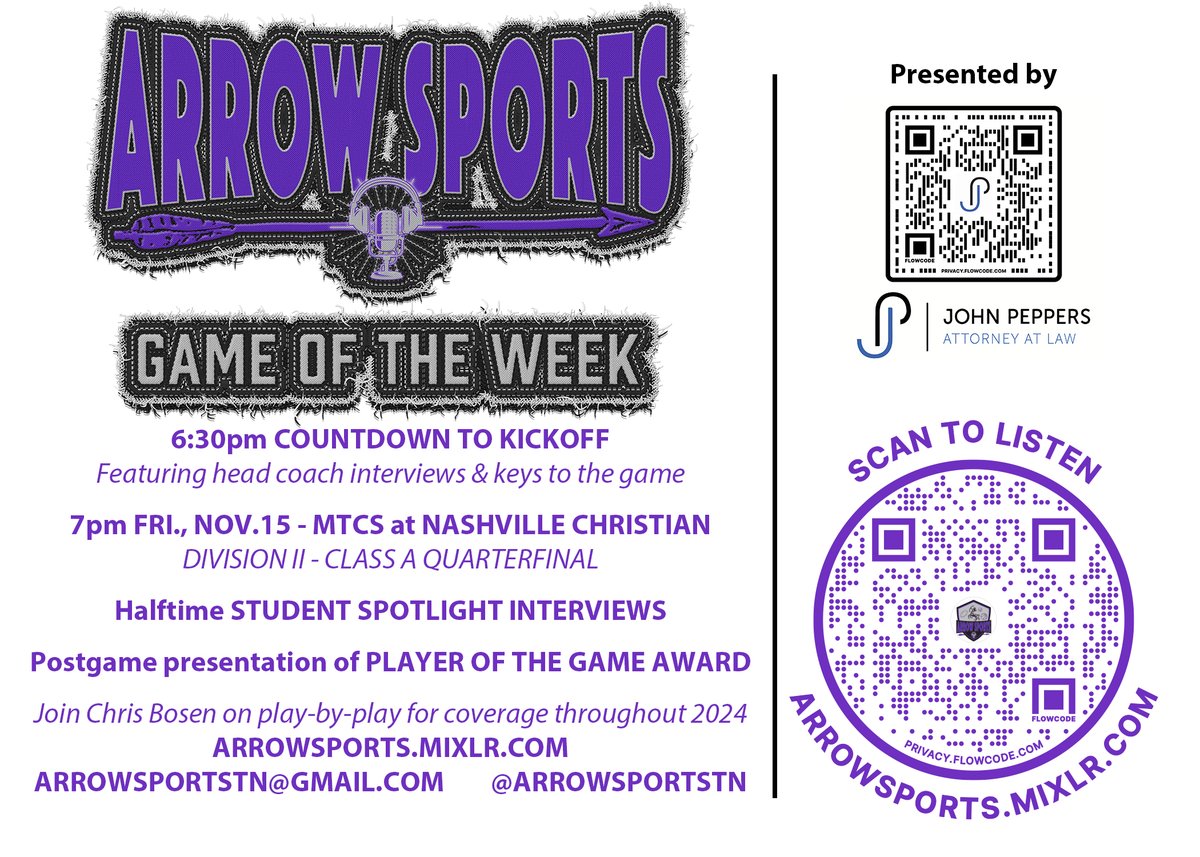 We're thrilled to partner with <a href="/_NCSathletics/">Nashville Christian Athletics</a> for the Eagles' 2024 <a href="/TSSAA/">TSSAA</a> Football Playoffs beginning with Friday's DII-A QF game against <a href="/MTCSFB/">MTCS Football</a>. The defending state champ Cougars are 5-6 while <a href="/NCSRecruiting/">Nashville Christian Football Page</a> enters at 9-1. Broadcast begins at 6:30 at arrowsports.mixlr.com/events/3840891