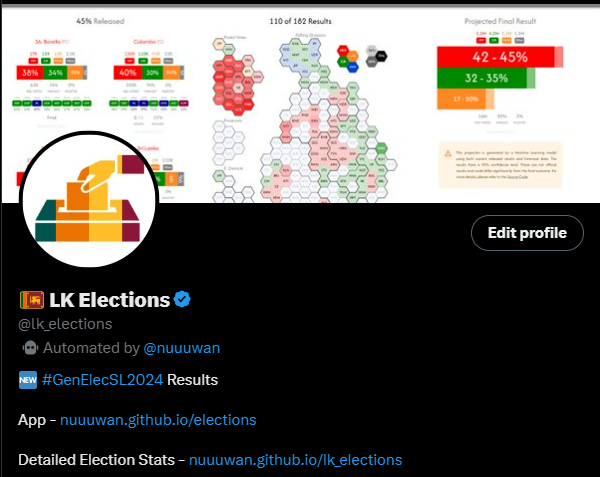 #GenElecSL2024 LIVE ELECTION RESULTS! 🇱🇰

As with #PresPollSL2024, I plan to real-time results along with some analysis, for today's 2024 Sri Lankan Parliamentary Election.  

Here's how you can follow. 

1️⃣ <a href="/lk_elections/">🇱🇰 LK Elections</a> on <a href="/X/">X</a>
I will use x.com/lk_elections to share the