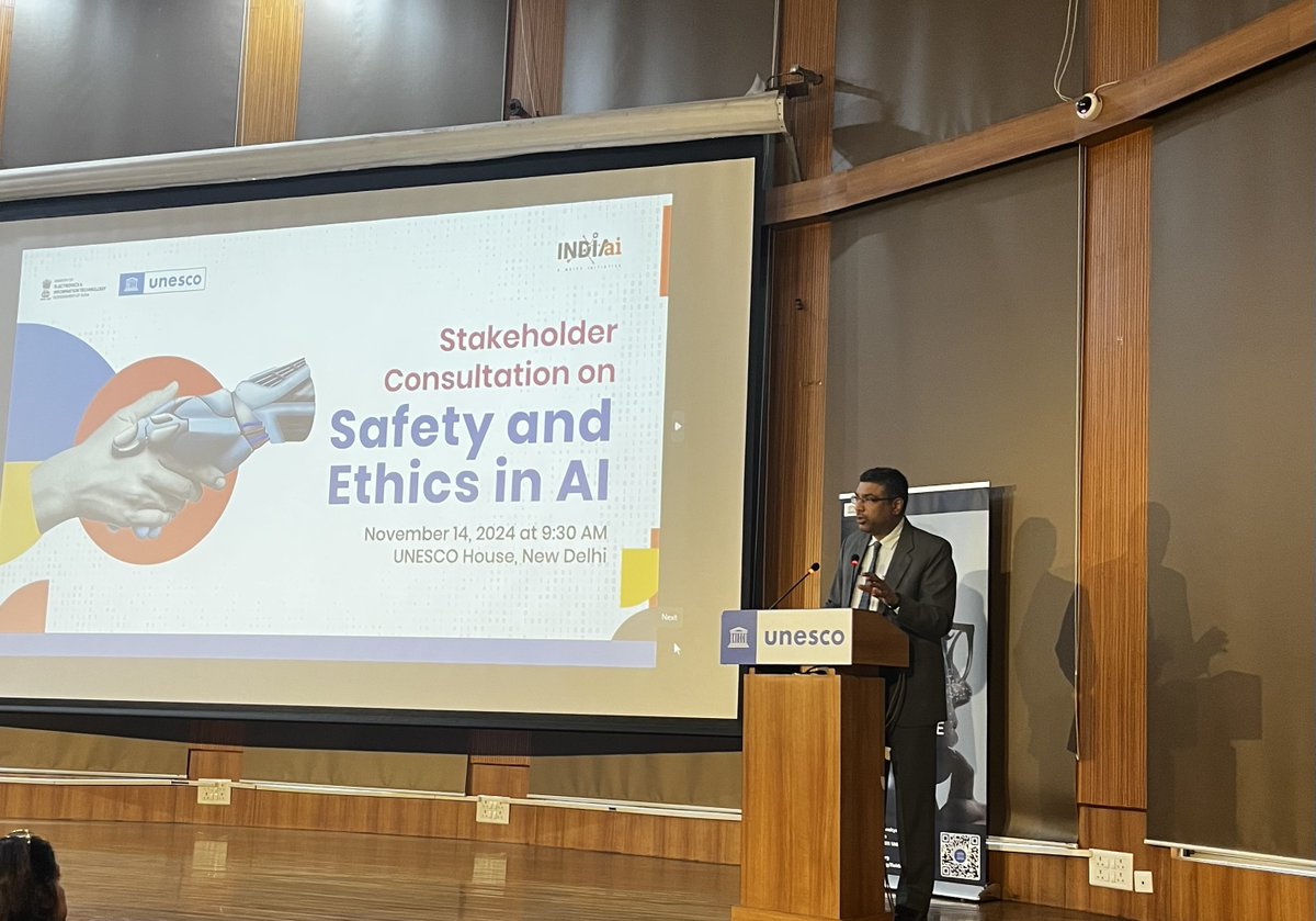 _DigitalIndia's tweet image. The Stakeholder Consultation on Safety and Ethics of AI begins in New Delhi, bringing together leaders to explore how to advance safety and #EthicsInAI.

Organized jointly by @GoI_MeitY, @unescoindia, and
@ikigailaw.

#DigitalIndia @OfficialINDIAai @abhish18 #SafeandTrustedAI