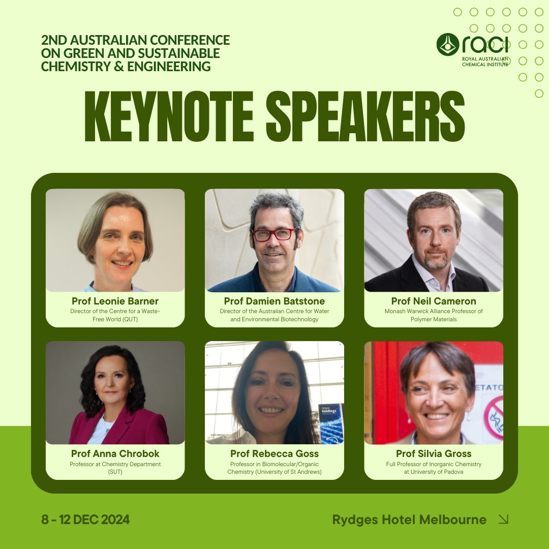 RACInational's tweet photo. Join us at the 2nd Australian Conference on Green & Sustainable Chemistry & Engineering! Top speakers, cutting-edge research, Dec 8-12 in Melbourne. Register now!
π https://t.co/mHciTQa0Bb
#RACI #ozchem #GASCE #GSC1617 https://t.co/iuXaJoI2sG