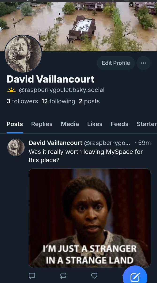 RaspberryGoulet's tweet image. Find me on Bluesky!
It really is looking nice over there 🙂 
Same @ RaspberryGoulet 
Same name, minus the middle initial 

The profile picture is Sturgill Simpson, aka Johnny Blue Skies. 🎸 
Get it? 😉