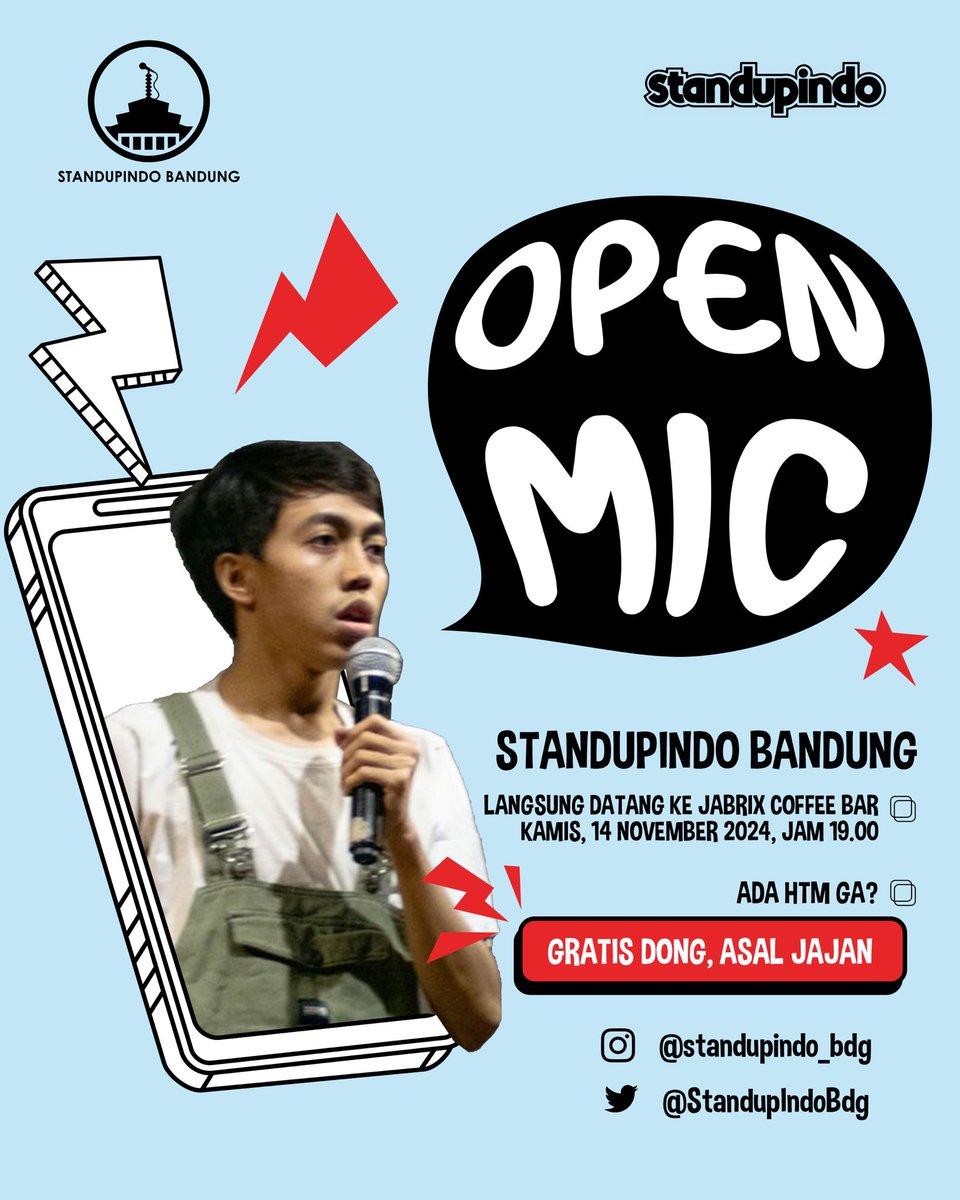 Dikarenakan besok ada #TimnasDay, open micnya kita pindahin dulu ya jadi malam ini daks! 💙💙

Tempat dan waktu masih sama seperti biasa di jabrix coffee jam 7 malam. Nonton gratis, jajan masing-masing ✨

#openmicstandupindobdg 
#MoalKaduhung