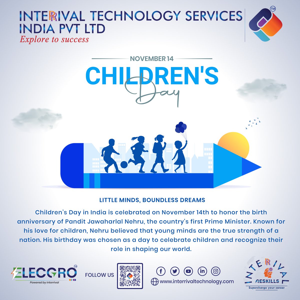 InterrivalTech's tweet image. Celebrating the purest smiles, the endless curiosity, and the dreams that light up the future! 🌈 Happy Children’s Day to every young soul and the child within us all
...
Interrival Technology Services India Pvt. Ltd.
Website: interrivaltechnology.com