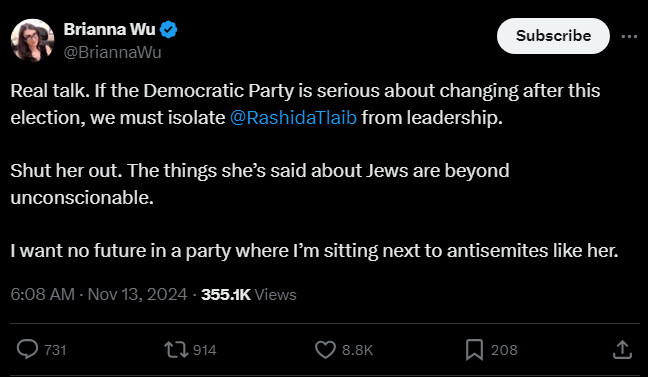 "I want no future in a party with Rashida Tlaib"

THEN LEAVE

Dems won MORE Jewish voters in 2024 than 2020. That's because Jewish people are disproportionately high-education ideological liberals who hate fascism, NOT left-bashing centrists who obsess over Zionism, like Brianna