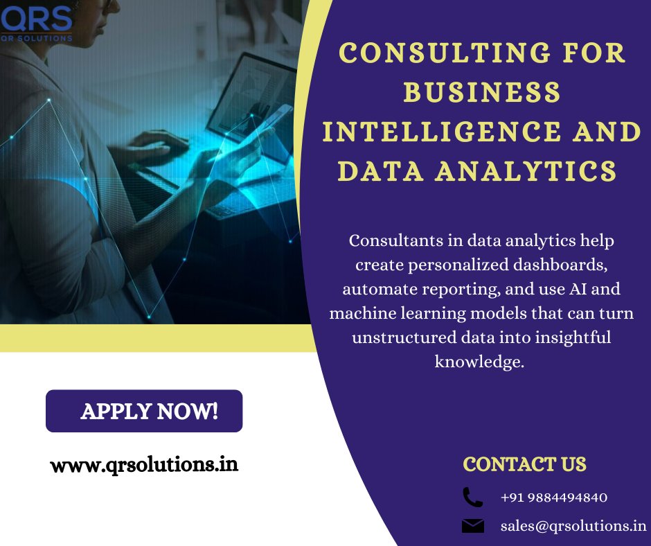 QRS_India's tweet image. Consultants help businesses increase productivity, forecast trends, and make data-driven decisions by turning raw data into usable intelligence. Join us! surl.li/yjhguw #dataanalyticsservices #dataanalyticsconsulting #dataanalyticsimplementation #QRsolutions