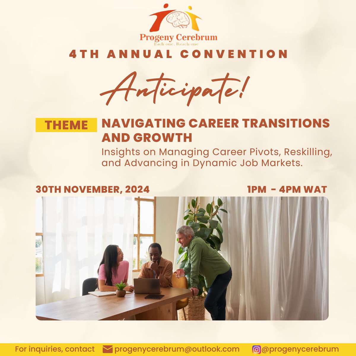 4TH ANNUAL PROGENY CEREBRUM CONVENTION

Are you ready to redefine your career journey? Join us for a transformative experience at this year’s convention.

THEME: Navigating Career Transitions and Growth
Insights on Managing Career Pivots, Reskilling, and Advancing in Dynamic Job