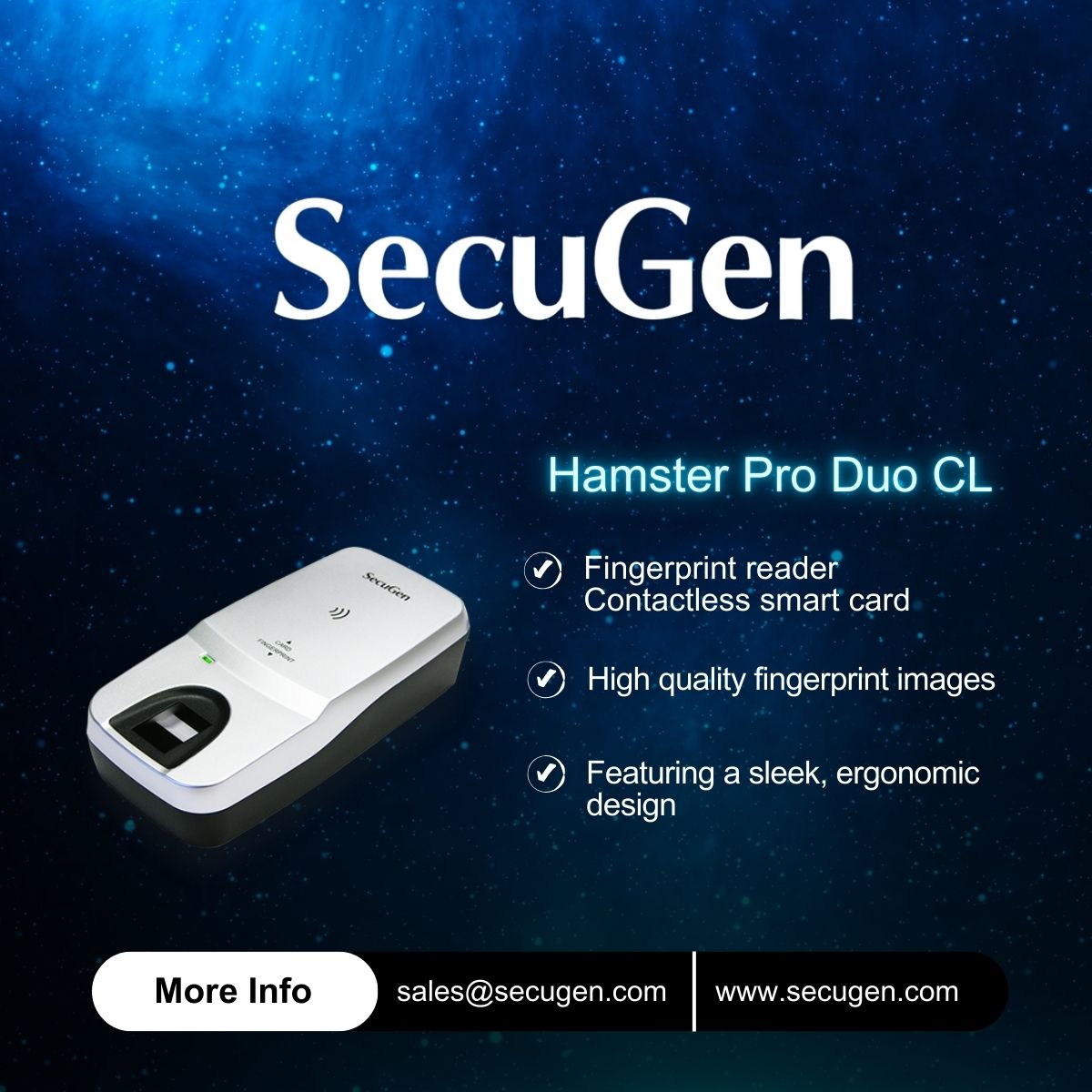 SecuGenCorp's tweet image. With a rugged U20 fingerprint sensor and #NFC/contactless card reader, the Hamster Pro Duo CL delivers #secure, reliable #dualfactorauthentication—ideal for personal ID verification and access control!

#BiometricSecurity
#IdentityVerification
#SmartCardTechnology
#HighSecurity