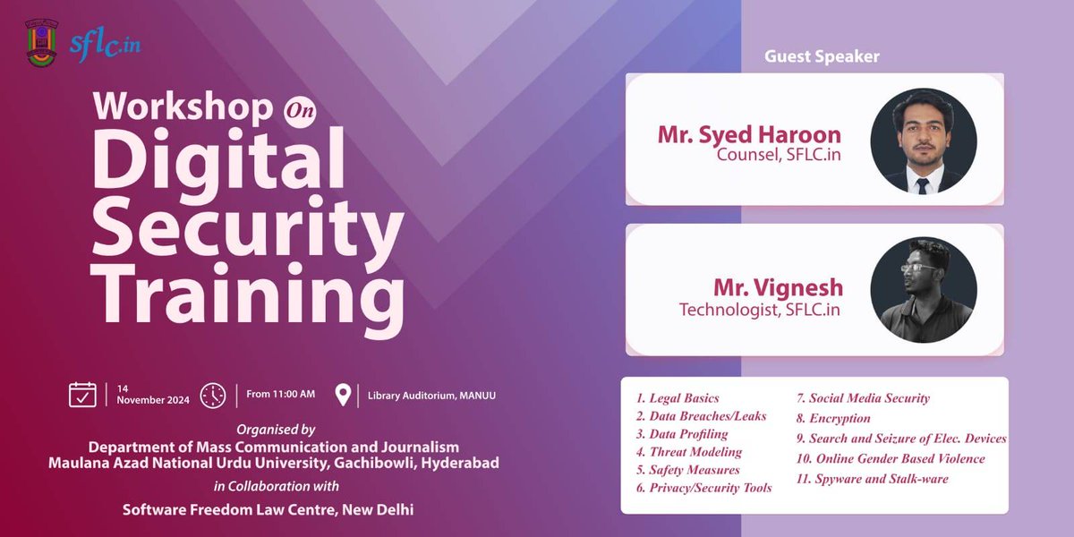 SFLCin's tweet image. #HappeningNow #DST 

Team @SFLCin, in collaboration with the Dept. of Mass Communication and Journalism, @officialmanuu, is conducting #DigitalSecurityTraining (DST) in Hyderabad on November 14th, 2024.

Syed Mohammad Haroon, Volunteer Counsel, and Vignesh, Technologist from team…