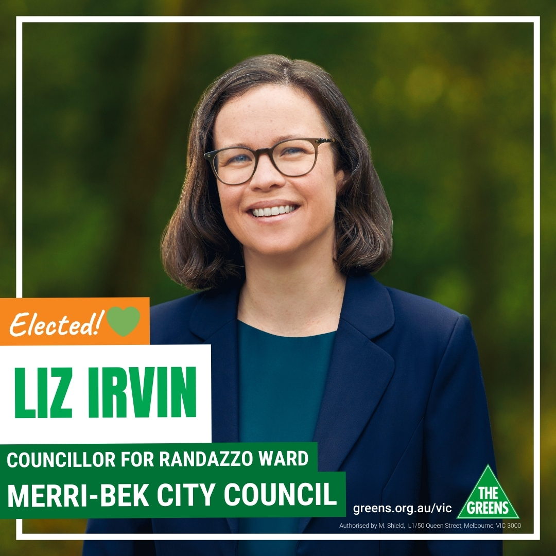 🎉 BREAKING: Liz Irvin elected in Merri-bek City Council!

Liz wants to rethink how we use our streets to create space for trees for shade and biodiversity, water sensitive urban design, and places for people to socialise. 

Congrats Liz!