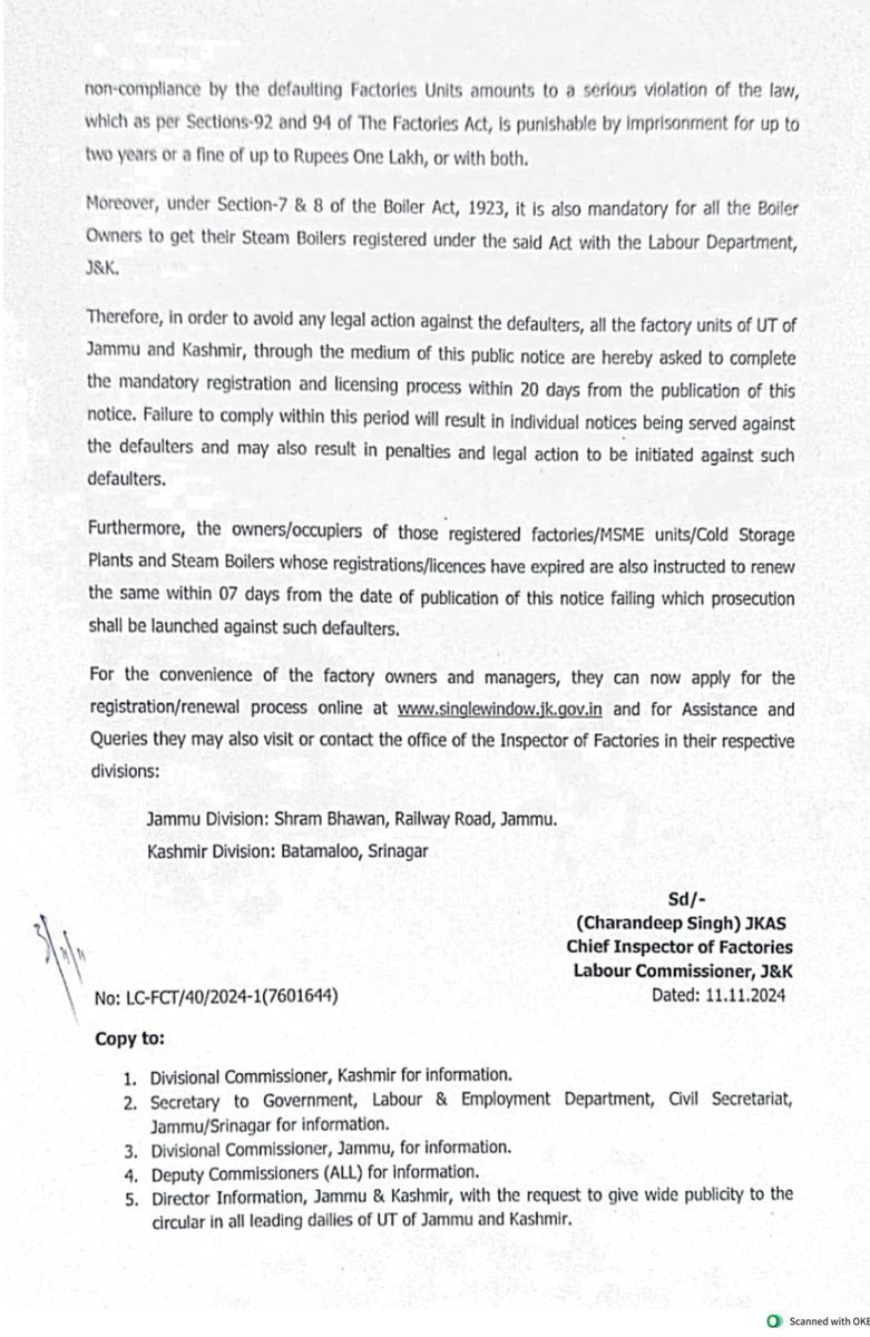 Mandatory Registration of factories with Labour Department under Factories Act, 1948 - Notice thereof.