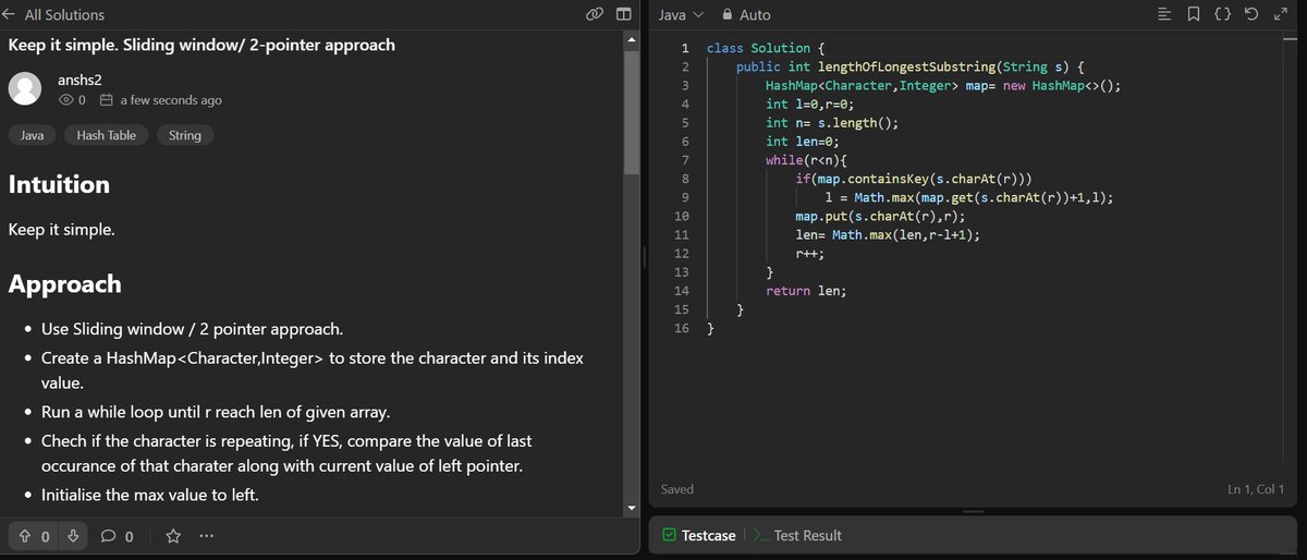 CodingWithAnsh's tweet photo. Q. Longest Substring Without Repeating Characters
Sliding Window/ 2- pointer approach

Question : https://t.co/618Elwtj1E

Solution: https://t.co/7h0rFpKj2S https://t.co/z5MUkwBZT7
