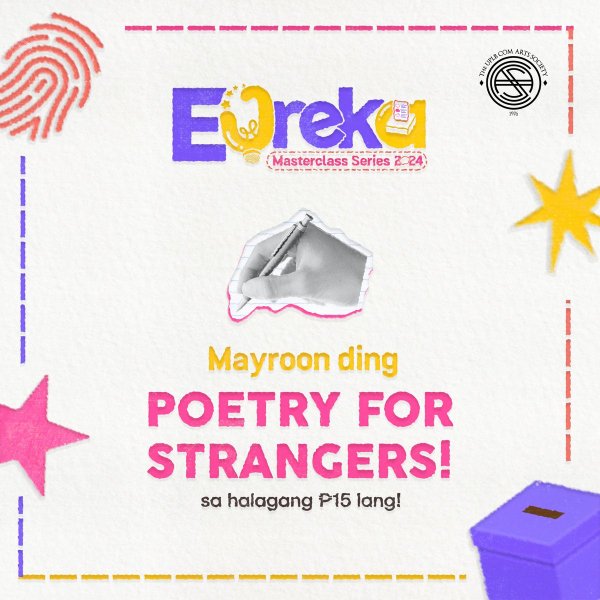 AHA! Thursday na! 🫣

Pagod na sa acads? Pahinga ka muna ngayong gabi! 🫵🏻

Samahan niyo kami sa Tresto mamayang 8 PM! Handa ka na bang maharana at masulatan ng tula? 🎶✍️

Kitakits! 🪩

#Eureka2024🗳️
#BastaComArtSocPasok