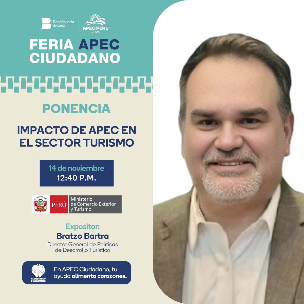 Asiste a esta ponencia informativa en el <a href="/apecperu/">APEC Perú 2024</a> Ciudadano 2024

Impacto de APEC en el Sector Turismo 🌎

📢 Ponente: Bratzo Bartra, Director General de Políticas de Desarrollo Turístico del <a href="/MINCETUR/">MINCETUR 🇵🇪</a> 
🗓️ Fecha: Jueves 14 de noviembre
⏰ Hora: 12:40 p.m.

Explora el impacto de