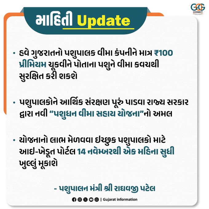 DDOBOTAD's tweet photo. ✨ પશુપાલકોને આર્થિક સંરક્ષણ પૂરું પાડવા રાજ્ય સરકાર કટિબદ્ધ.
📷 ગુજરાતનો પશુપાલક વીમા કંપનીને માત્ર ₹100 પ્રીમિયમ ચૂકવીને પોતાના પશુને વીમા કવચથી સુરક્ષિત કરી શકશે.
@CMOguj @InfoGujarat #AnimalHusbandry #Insurance #AnimalInsurance #Livestock #Gujarat #GujaratGovernment https://t.co/4xvLu3751q