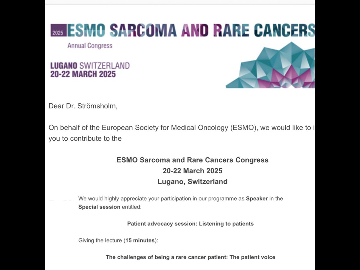 StromsholmEvaMa's tweet image. Thank you #ESMO for this important invitation to be a speaker at ESMO Sarcoma and Rare Cancer conference.
There are many challenges for those living with a #rarecancer and there is much to be done to get the diagnose in time.
#cancer #syöpä #harvinaisetsyövät #patientadvocate