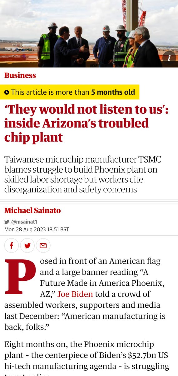 vonbrucken's tweet photo. The #TSMC fiasco in #Arizona is unfolding exactly as one would expect.
People have to understand that TSMC had to move to this dessert under US coercion it's a racket whose goal is to steal #Taiwan #semiconductor technology.
#CHIPSandScienceAct #InflationReductionAct https://t.co/mMTMGT2Cwe