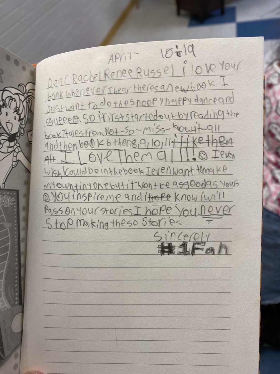 fIowerbloom7456's tweet photo. @DorkDiaries 
I bought this book (the not so dorky drama queen) back in 2015, I was 9 years old and I had completely forgotten I wrote a letter in it. I only realized after one of my students pointed it out. I guess I really did pass on your stories because they love them!!! https://t.co/hHBu1ufgrK