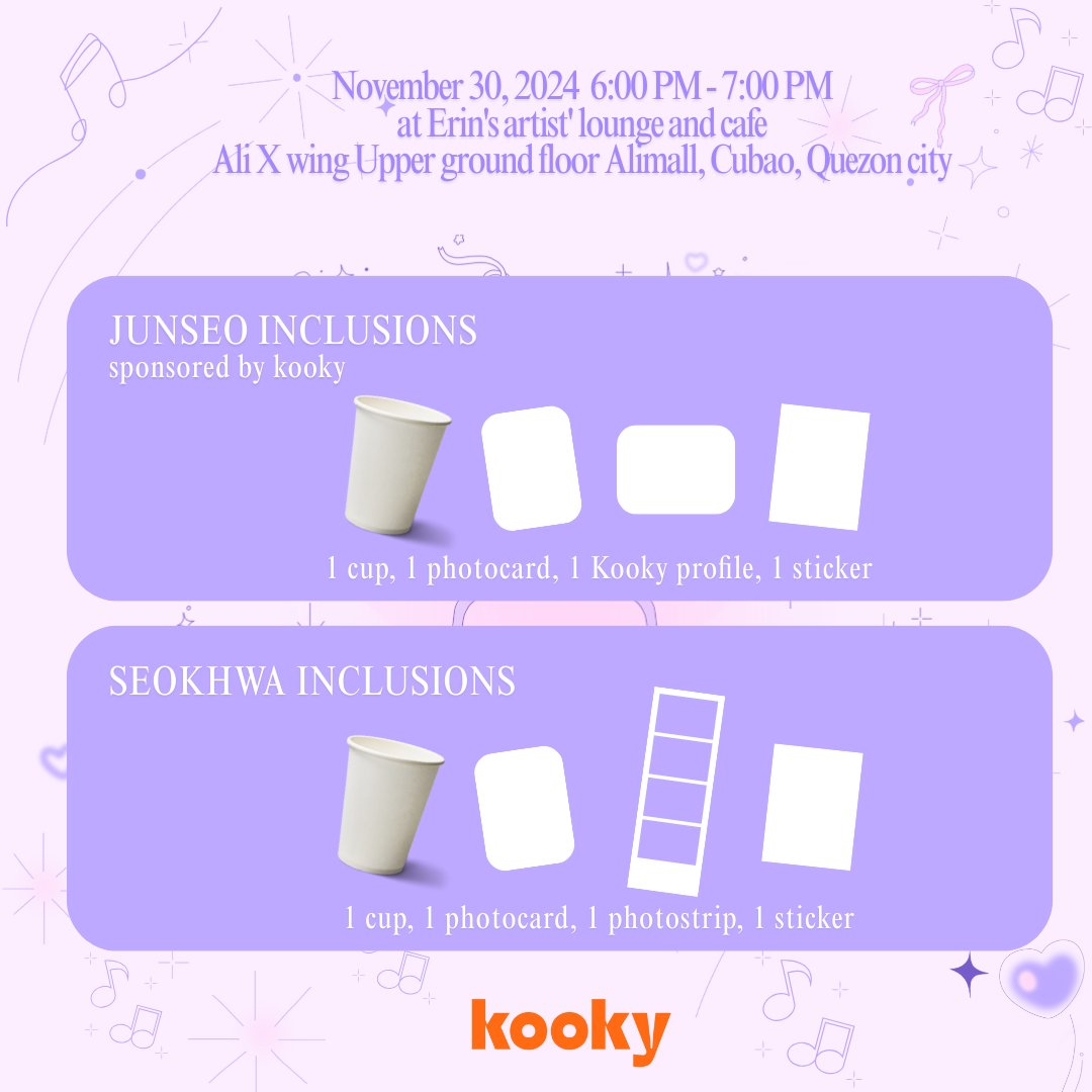 MELODIES AND MEMORIES
Junseo and Seokhwa Birthday CSE

📅November 30
⏰6PM-7PM
FREE Come and Go Cafe Event
sponsored by: <a href="/kooky__official/">Kooky</a> 

Fill out the forms to register:
1. Kooky RSVP🔗forms.gle/jbp6V4RmBNnGiY…
2. registration form🔗forms.gle/7YiFZMK844TuLz…

#WEi #Junseo #Seokhwa
