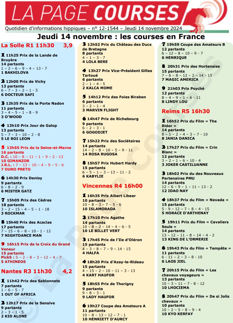 Jeudi 14 novembre 2024.

On galope à Fontainebleau, avec le Quinté.

Nantes propose du galop mixte.

On trotte à Vincennes et Reims.

Pour tout savoir, cliquez ici :

drive.google.com/file/d/11uUM4M…