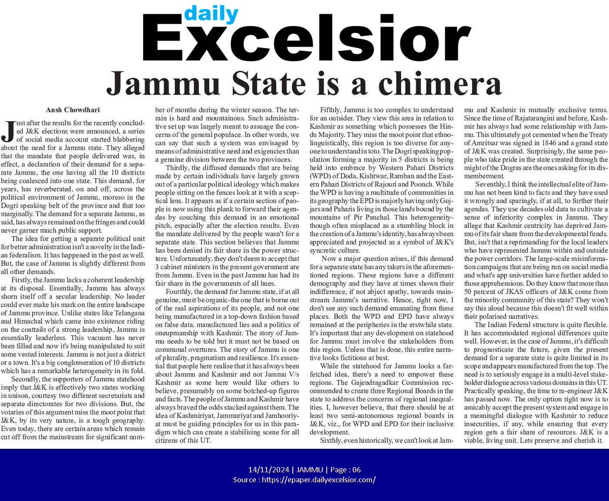 Wrote for <a href="/DailyExcelsior1/">Daily Excelsior</a> 

Argued against the separate state of #Jammu. 

dailyexcelsior.com/jammu-state-is…

#jambu #cashmere
