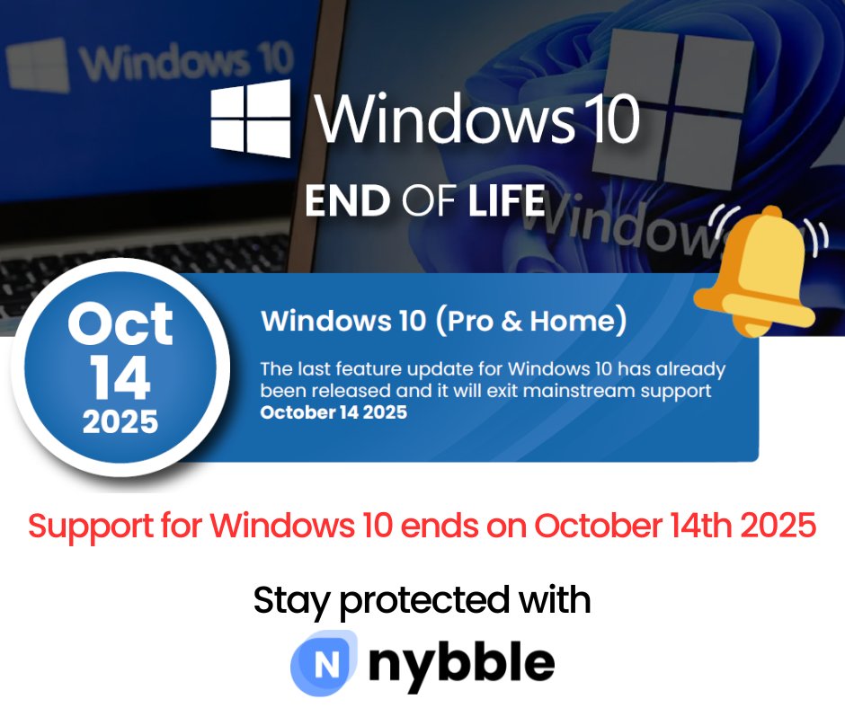 Did you know that support for Windows 10 ends on October 14th, 2025?
Is your business prepared? 

Don’t wait until it’s too late - contact Nybble! 
We can help you upgrade your systems and ensure your data stays secure!

#Windows10EndOfSupport #WindowsUpgrade #Nybble #FutureReady