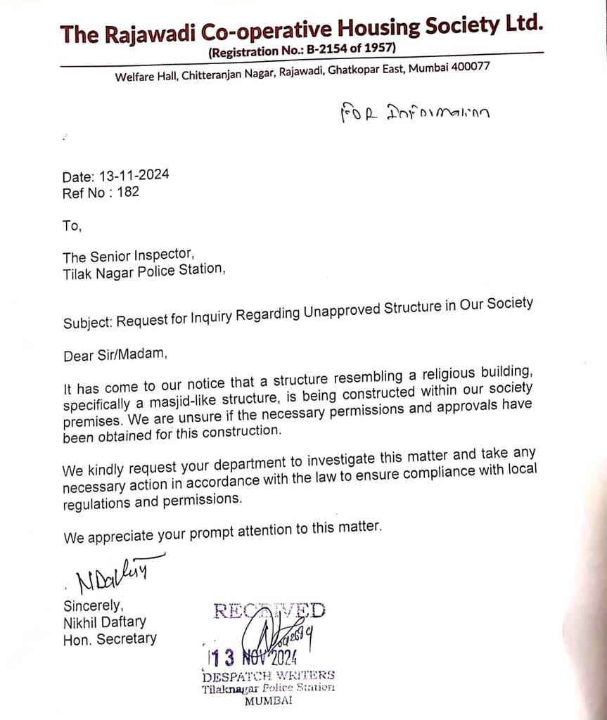 chheda_pravin's tweet image. Illegal construction of Masjid/Darga at Chitranjan Colony, Rajawadi, Ghatkopar (E).
The letter coming from The Rajawadi chs Ltd for your ready reference. Pl take necessary action and obliged. 
@Dev_Fadnavis ji for urgent action. 
@MumbaiPolice @mybmc @DGPMaharashtra @mybmcWardN