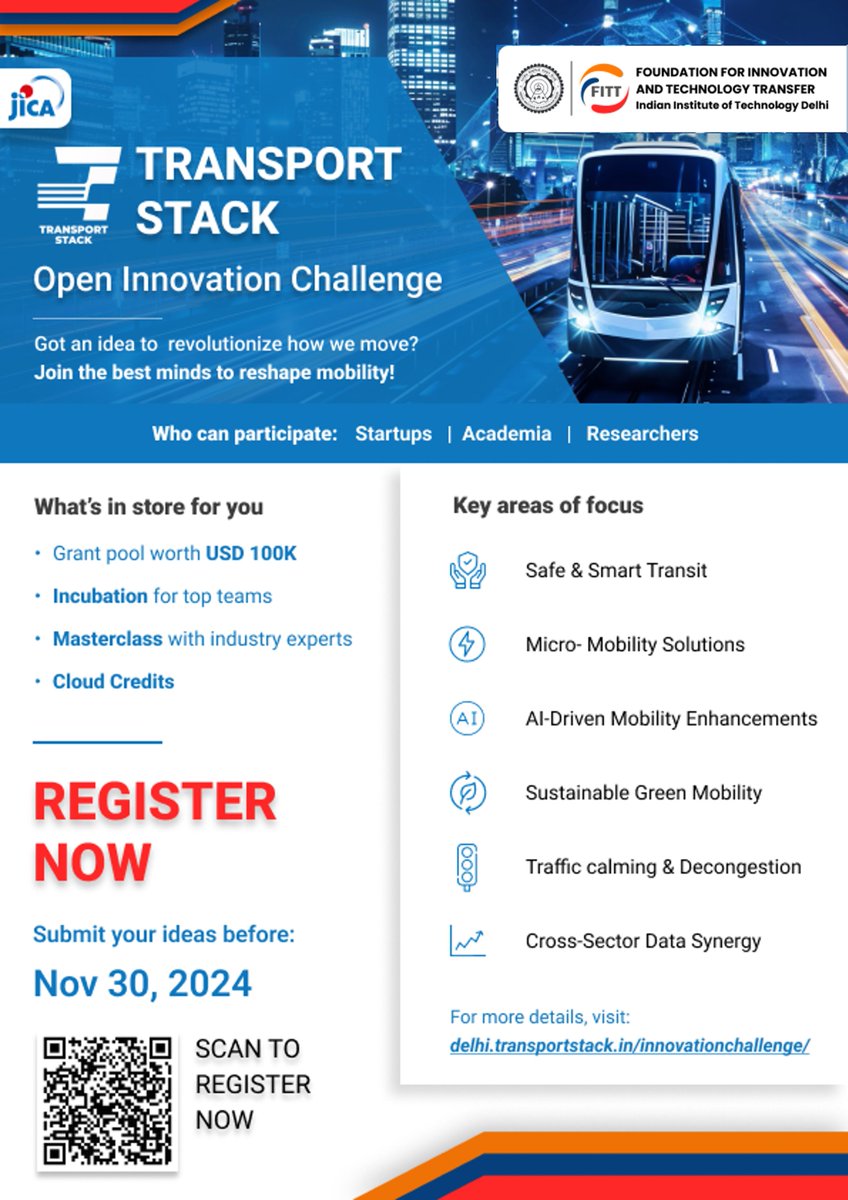 The Delhi Transport Stack has launched an exciting Open Innovation Challenge to reimagine the future of urban mobility! DIMTS is proud to be a PoC partner for the innovation challenge.
Registration closes on November 30, 2024, at 23:59 IST.
Link: delhi.transportstack.in/innovationchal…