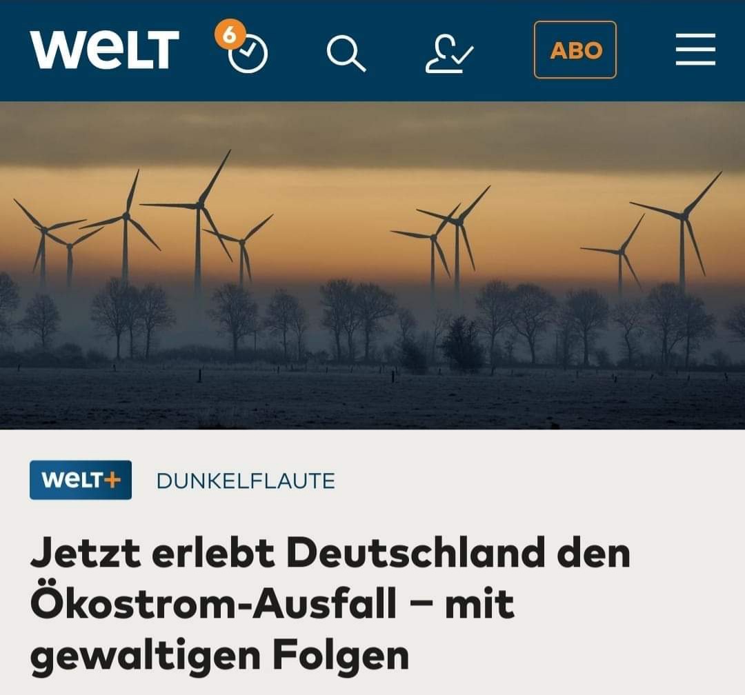 Palim Palim: 
Solarkraft lieferte gestern, 17 Uhr, nur noch eine einzige MW/h. Die 1.602 WKAs in Nord- u Ostsee standen komplett still. Stromproduktion Null! Die WKAs an Land produzierten zu dieser Stunde nur 114 MW/h bei einem Stromverbrauch von 63.000 MW/h in 🇩🇪. Läuft 👍