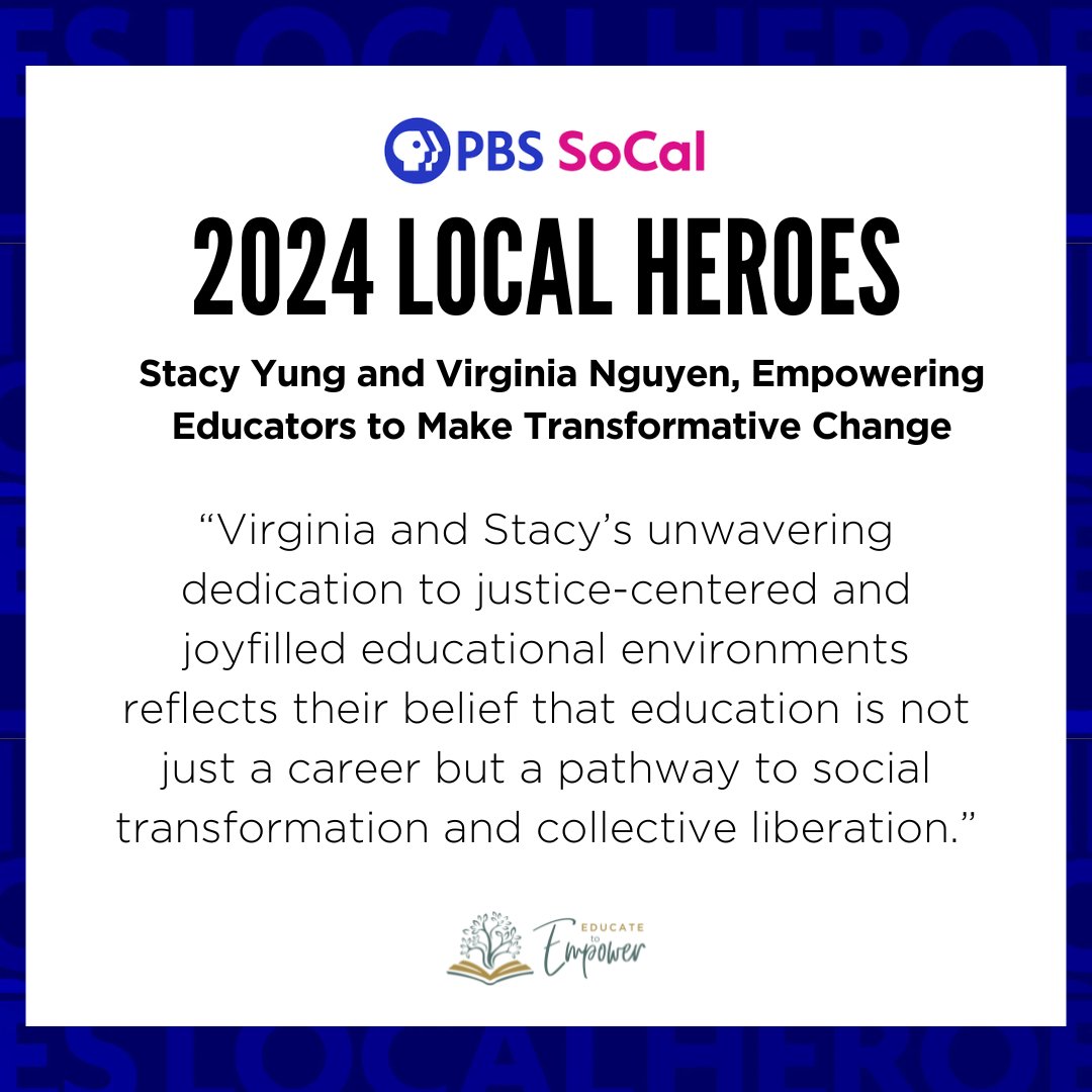 Educate to Empower (@edu_to_empower) on Twitter photo 🌟 We’re thrilled & honored to be named <a href="/PBSSoCal/">PBS SoCal (KOCE)</a>'s 2024 Local Heroes! 🌟 Joining inspiring leaders like Dr. Alberto J. Román <a href="/EastLACollege/">East Los Angeles College</a>.
We're proud to shine a light on E2E's mission of love, justice & community in education.
pbssocal.org/shows/local-he… 🌟 We’re thrilled & honored to be named <a href="/PBSSoCal/">PBS SoCal (KOCE)</a>'s 2024 Local Heroes! 🌟 Joining inspiring leaders like Dr. Alberto J. Román <a href="/EastLACollege/">East Los Angeles College</a>.
We're proud to shine a light on E2E's mission of love, justice & community in education.
pbssocal.org/shows/local-he…