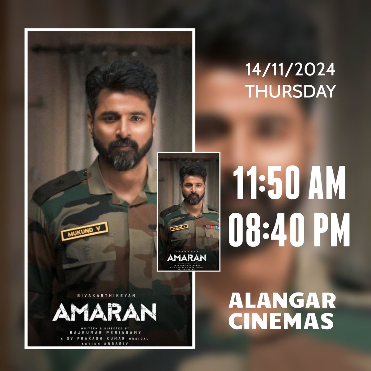 AlangarCinemas's tweet photo. #amaran running successfully @alangarcinemas
#amaran Bookings open now @alangarcinemas book your tickets now on #paytm & #ticketsnew & #boxoffice
#amaran
#sivakarthikeyan
#saipallavi
#majormukundvaradarajan
@Siva_Kartikeyan
@saipallavi51992 https://t.co/rgLFdjDDKU