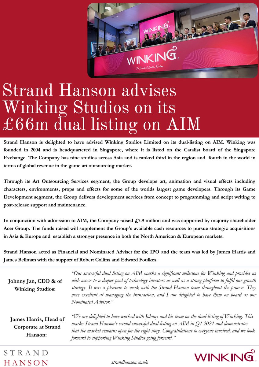 Strand Hanson is pleased to have acted as Financial &amp; Nominated Adviser to <a href="/WinkingStudios/">Winking Studios</a>  on its successful fundraise and dual listing on AIM.
