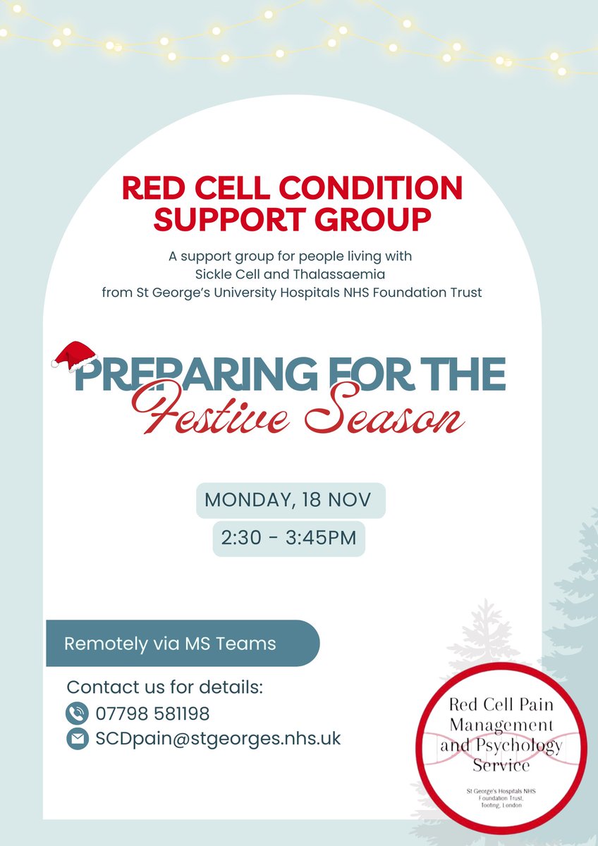 Join our remote support group Mon Nov 18th. As the festive season approaches, we know it can bring both joy &amp; challenges for those with a chronic health condition. Let's connect &amp; share experiences. See poster for details #sicklecell #thalassaemia <a href="/docesr/">Elizabeth Rhodes</a> <a href="/HCCWestLondon/">West London HCC Network</a> <a href="/geshNHS/">St George's, Epsom and St Helier</a>