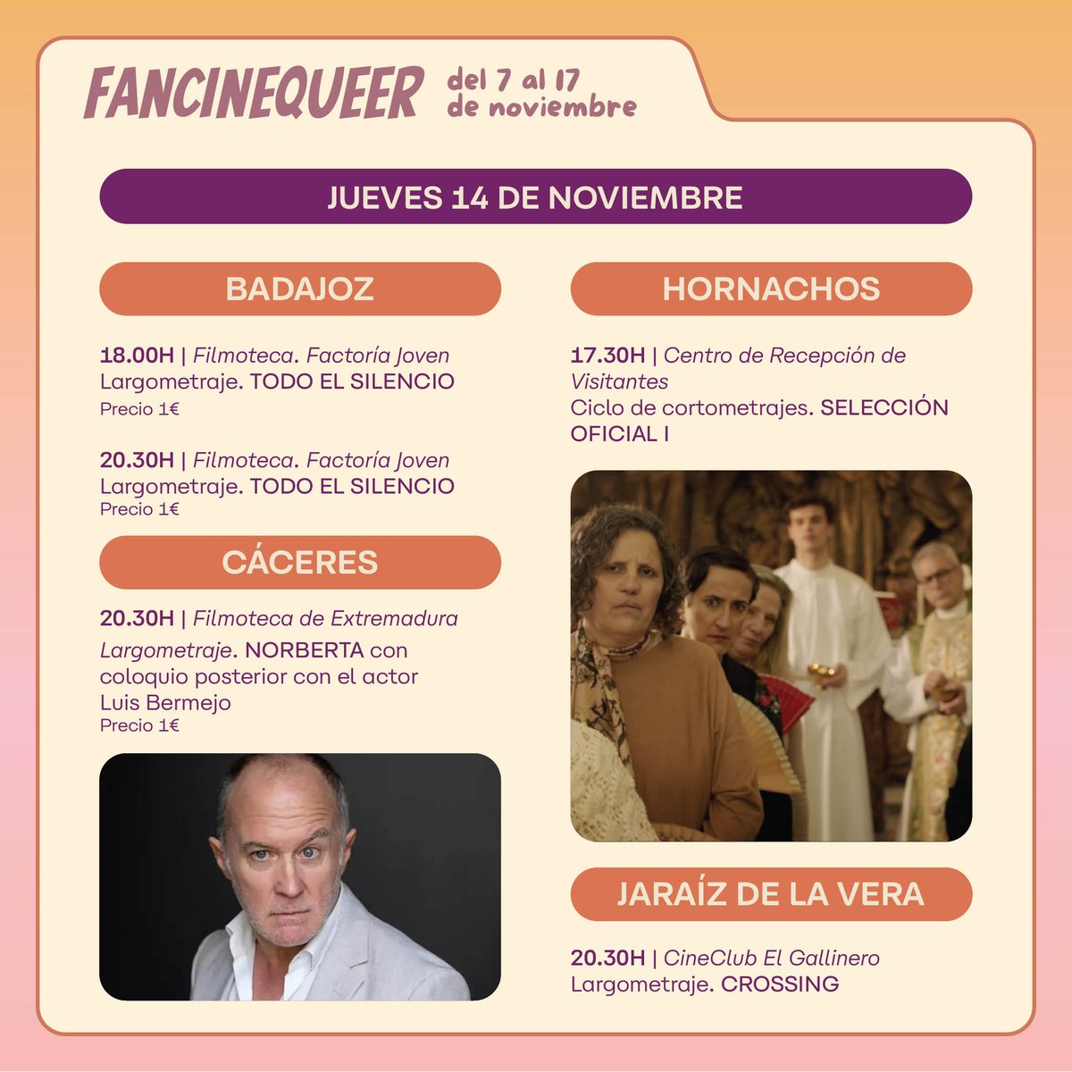 FestCineQueer's tweet photo. #27FCQ | Hoy a las 20:30h tienes la oportunidad de disfrutar de 'Norberta' en la Filmoteca de Cáceres. Y tras la película, un coloquio con en actor protagonista Luis Bermejo.
Y si estás en otras localidades y buscas buen cine, aquí te dejamos varias opciones. https://t.co/9SdUvLJ7Zj