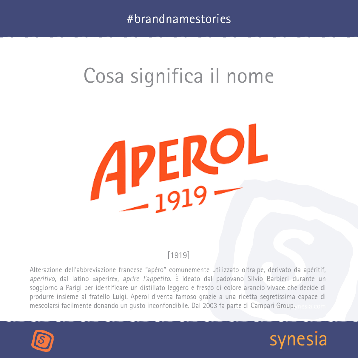 #aperol è l'alterazione dell'abbreviazione francese apéro, comunemente usato oltralpe, derivato da apéritif, aperitivo, dal latino «aperire», aprire l'appetito. #brandnamestories #storiedinomi #brandnaming #significatodelnome #aperol