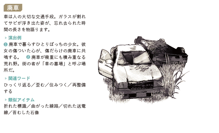_yamauta_'s tweet photo. 画像は「荒廃した雰囲気を演出する」というカテゴリのアイテムの例です。アイテムの提案の他に演出例や関連ワードなど、詳しく載っています。
#演出アイテム図鑑 https://t.co/cmbQAz9ZcH