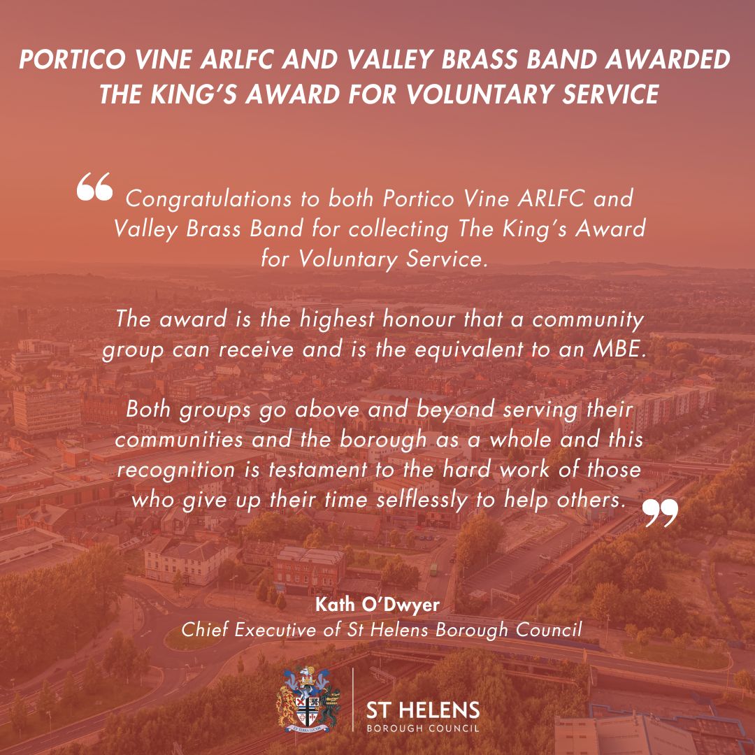 St Helens Borough Council (@sthelenscouncil) on Twitter photo Congratulations to <a href="/PorticoVineRLFC/">Portico Vine ARLFC</a> and <a href="/valleybrassband/">Valley Brass Band</a> for receiving The King's Award for Voluntary Service!
This award aims to recognise outstanding work by local volunteer groups to support their communities - which both of these groups go above & beyond with. Well done👏 Congratulations to <a href="/PorticoVineRLFC/">Portico Vine ARLFC</a> and <a href="/valleybrassband/">Valley Brass Band</a> for receiving The King's Award for Voluntary Service!
This award aims to recognise outstanding work by local volunteer groups to support their communities - which both of these groups go above & beyond with. Well done👏