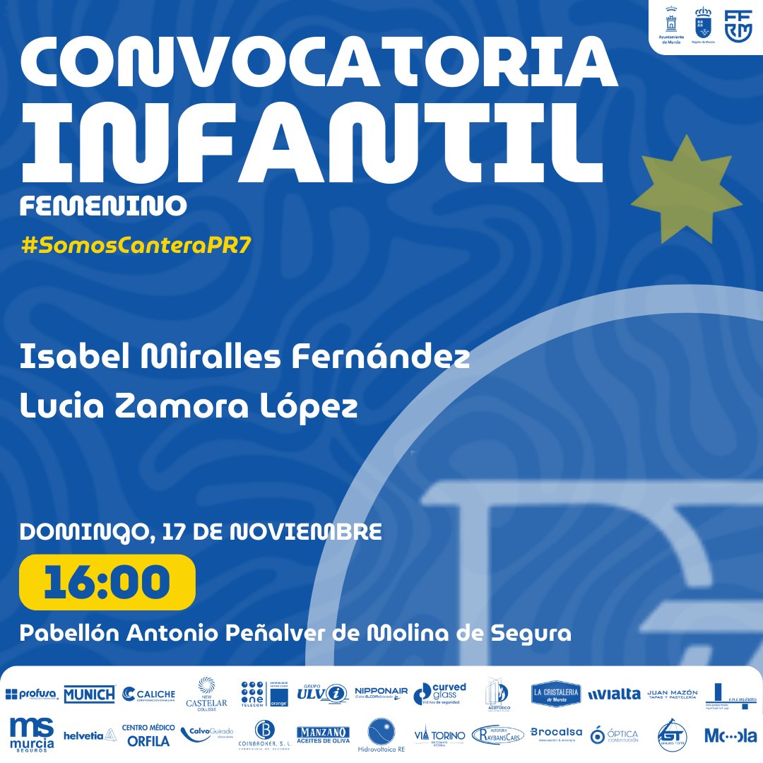 𝗖𝗢𝗡𝗩𝗢𝗖𝗔𝗧𝗢𝗥𝗜𝗔 <a href="/ffrm_es/">FFRM</a> <a href="/ffrm_se/">Selecciones FFRM ⚽</a> 

2️⃣ jugadoras del club de categoría infantil han sido convocadas para asistir a las sesiones de entrenamiento de la selección infantil femenina.

#SomosCanteraPR7
#LaFamilia 💙