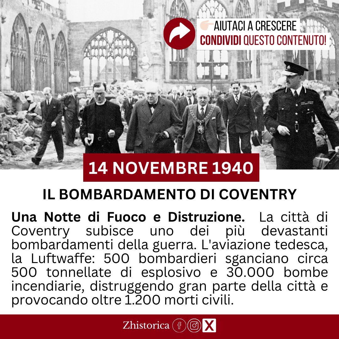 📷📷La notte del 14 novembre 1940, la città britannica di Coventry subisce uno dei bombardamenti più devastanti della Seconda Guerra Mondiale, un attacco così distruttivo da generare un nuovo termine: "coventrate". Questo termine, coniato dalla propaganda nazista (coventriert),