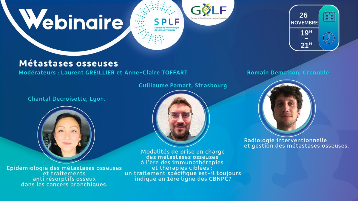 SPLF_SocPneumo's tweet image. 🫁PRENEZ DATE  Webinaire Métastases osseuses
26 novembre de 19h à 21 h
#cancer #bronchique #poumon #thorax #metastase #immunotherapie
@LGreillier @MDuruisseaux @CadranelJ @MarieWislez  @PneumoCphg @s_couraud @CelineMascaux 
@CICThoraciques @IFCTlung  @cancerothorax